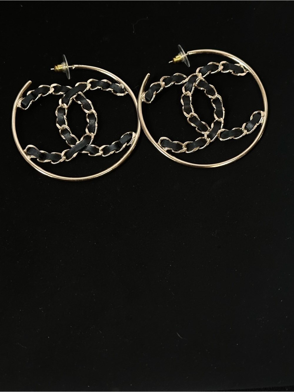 Chanel Gold Hoop Earrings with Black Leather Chain Accent